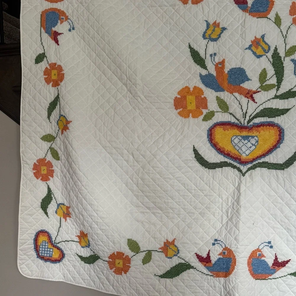 Vintage Lovebirds Needlepoint Quilt Folk Art Heart‎ Floral Bedspread Queen XL